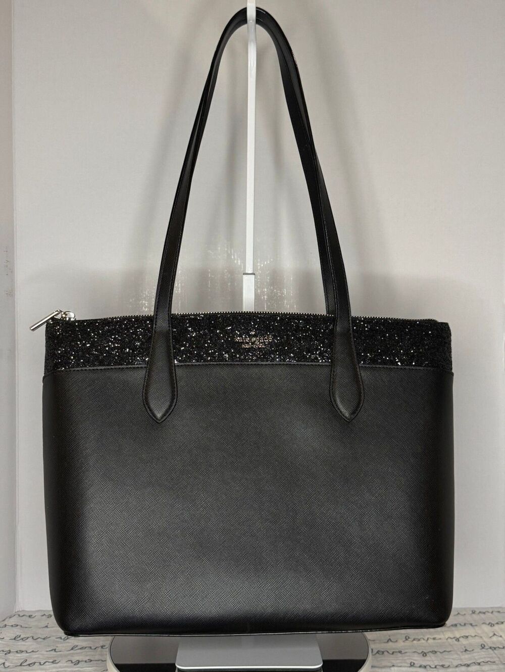 Kate Spade Flash Large Glitter Tote Black Saffiano K8706 Shoulder Bag